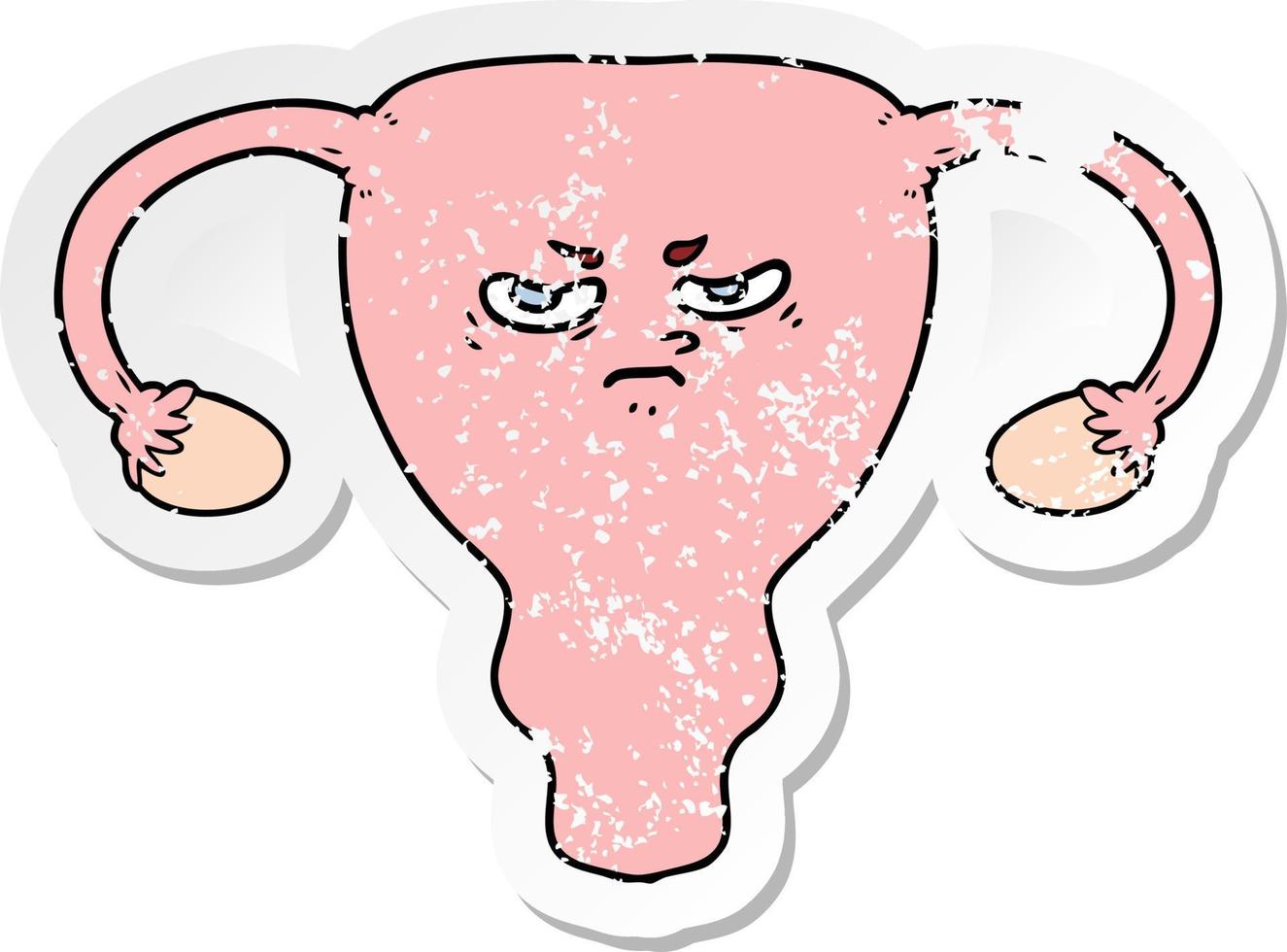 distressed sticker of a cartoon angry uterus vector