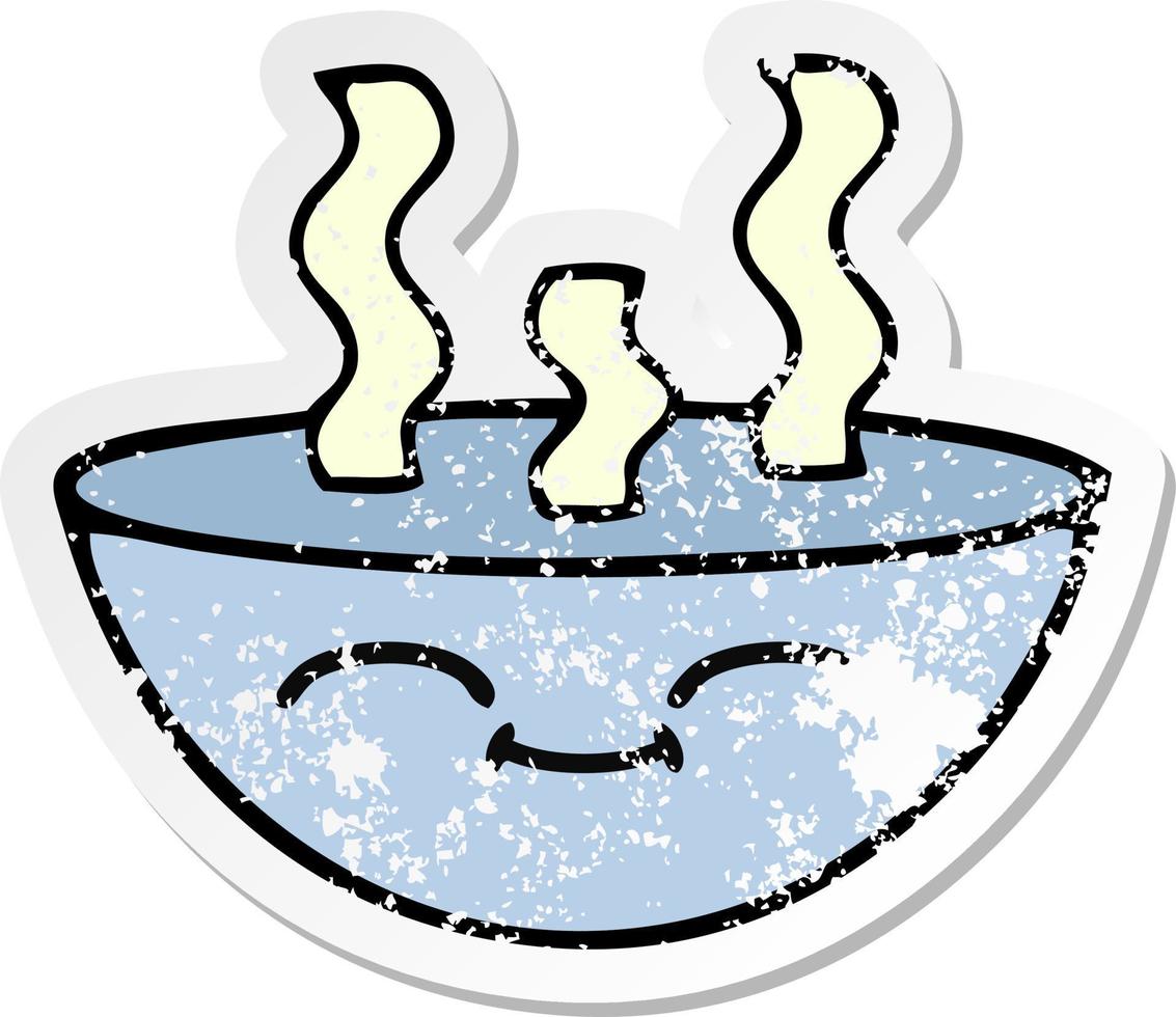 pegatina angustiada de un lindo tazón de dibujos animados de sopa caliente vector