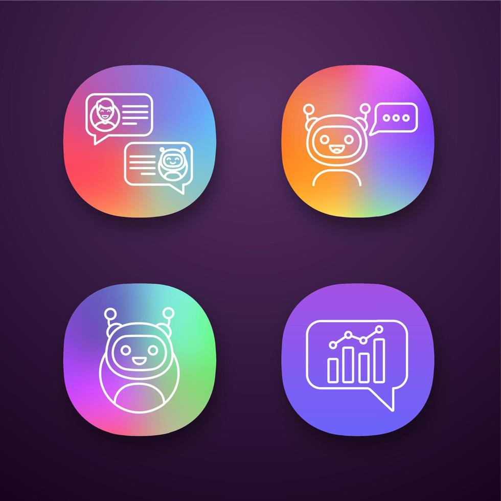 Chatbots app icons set. UI UX user interface. Virtual assistants. Graph and chat bots. Modern robots. Smartphone chatterbots. Web or mobile applications. Vector isolated illustrations