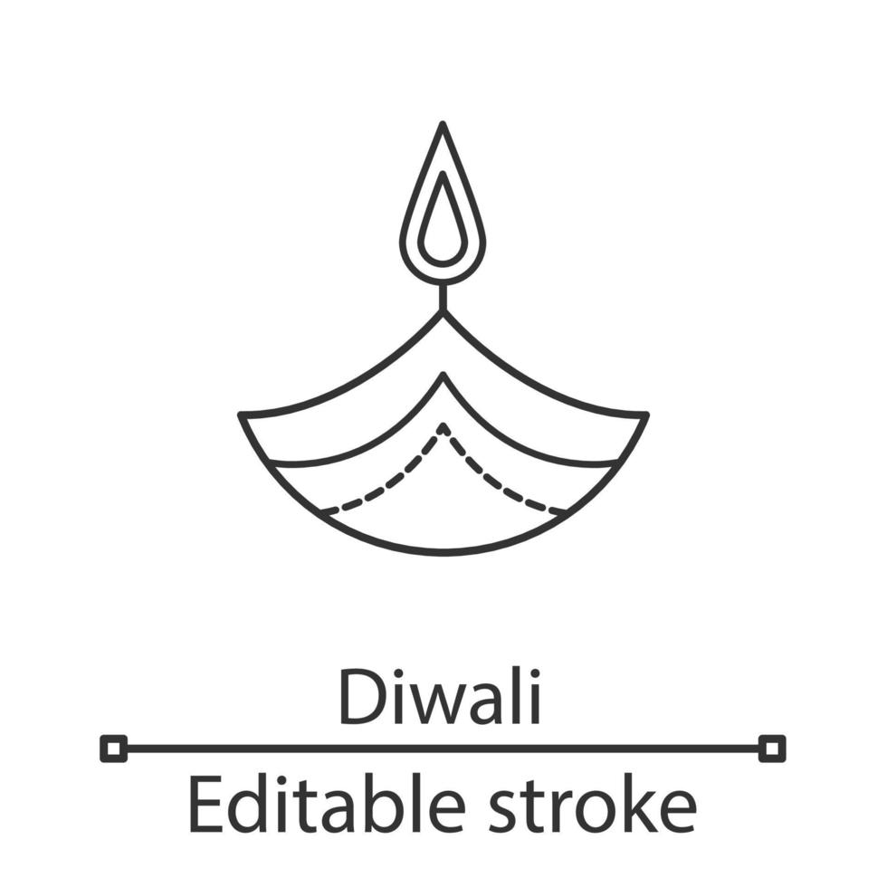 Diya linear icon. Thin line illustration. Islamic oil lamp. Diwali. Festival of lights. Burning bowl oil lamp. Contour symbol. Vector isolated outline drawing. Editable stroke