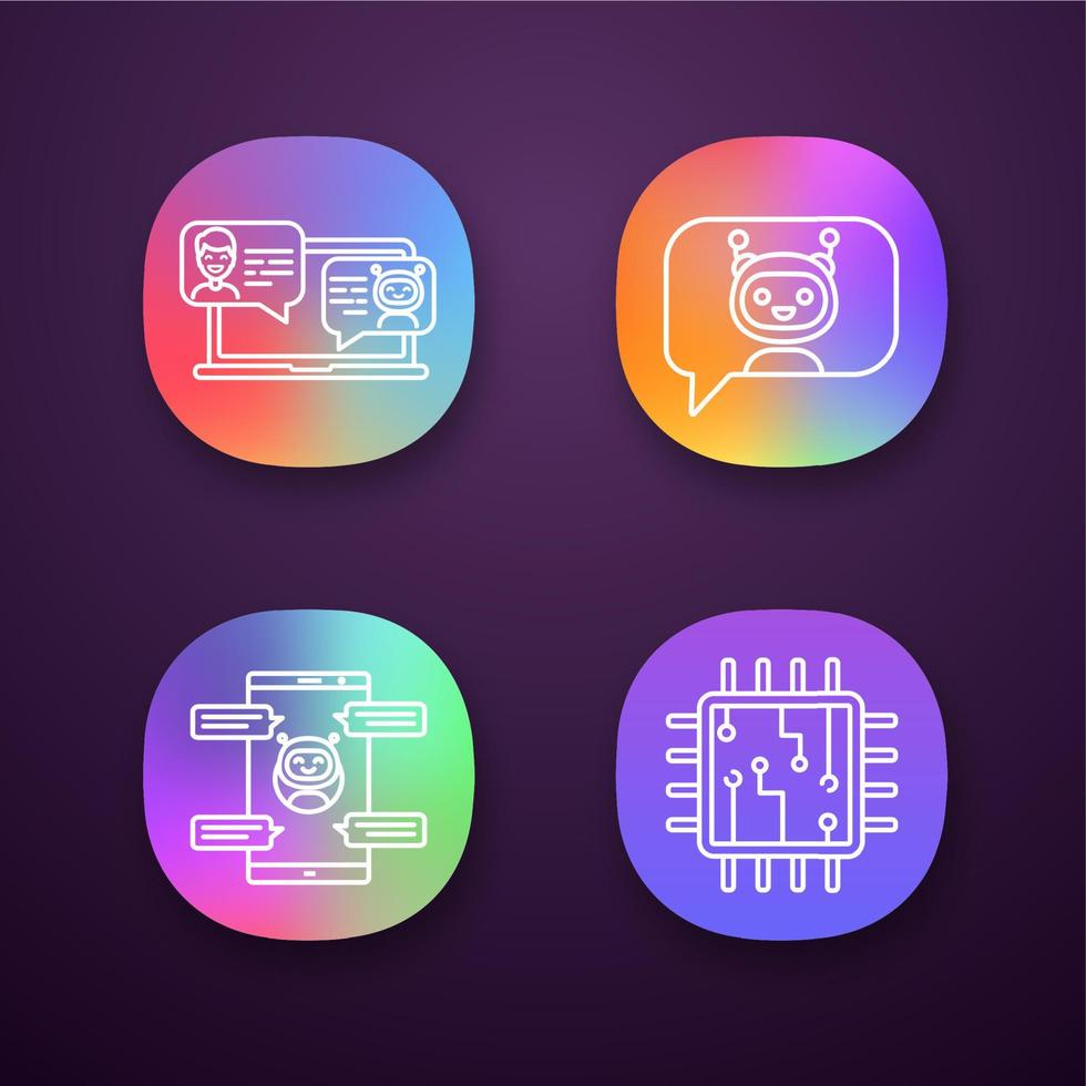 Chatbots app icons set. UI UX user interface. Virtual assistants. Messenger and chat bots. Processor. Modern robots. Smartphone chatterbots. Web or mobile applications. Vector isolated illustrations