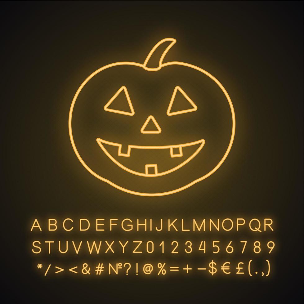 Halloween pumpkin neon light icon. Autumn holidays. Halloween party decoration. Glowing sign with alphabet, numbers and symbols. Vector isolated illustration