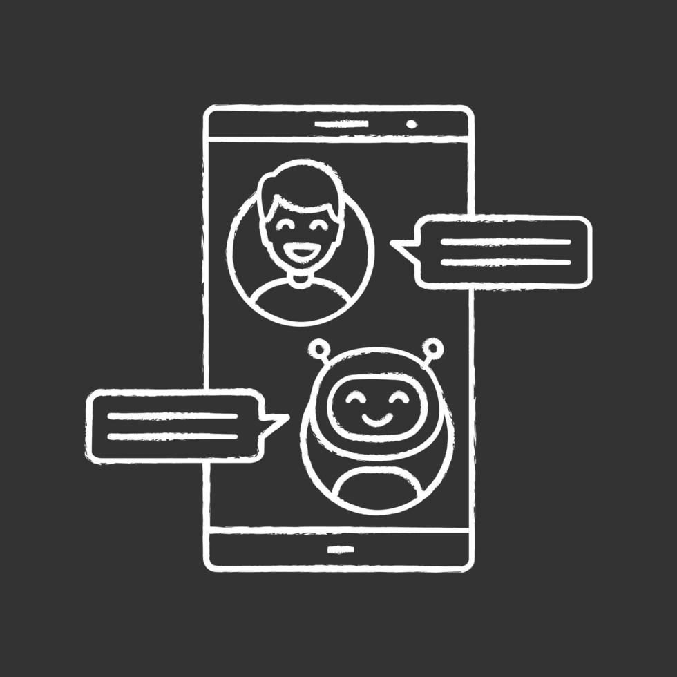 Support chatbot chalk icon. Messenger bot. Modern robot. Virtual assistant. Chat bot. Man chatting with bot on smartphone. Isolated vector chalkboard illustration