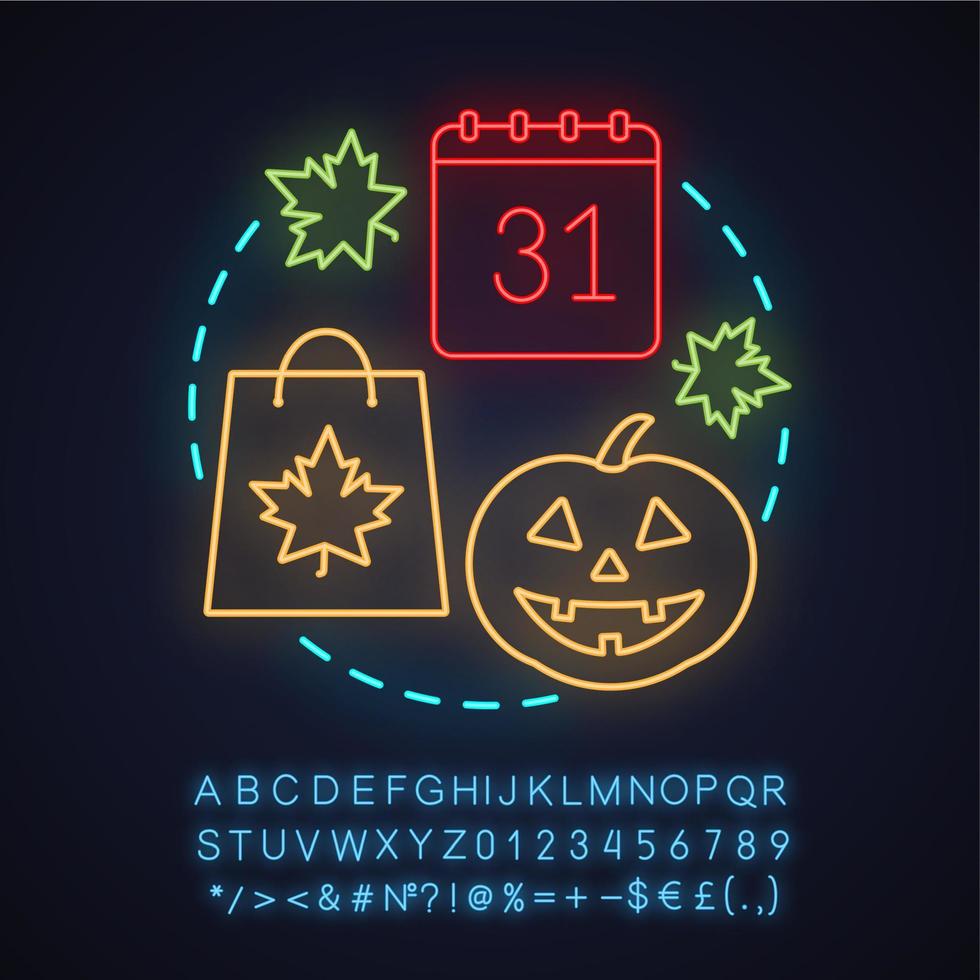 Halloween neon light concept icon. October 31st idea. Autumn. Glowing sign with alphabet, numbers and symbols. Vector isolated illustration
