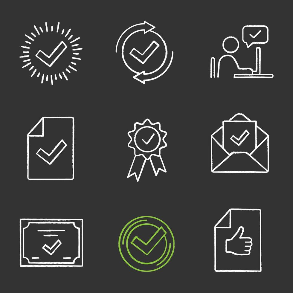 Approve chalk icons set. Check mark, testing, approved chat, document verification, award medal, email confirmation, certificate, quality badge, review. Isolated vector chalkboard illustrations