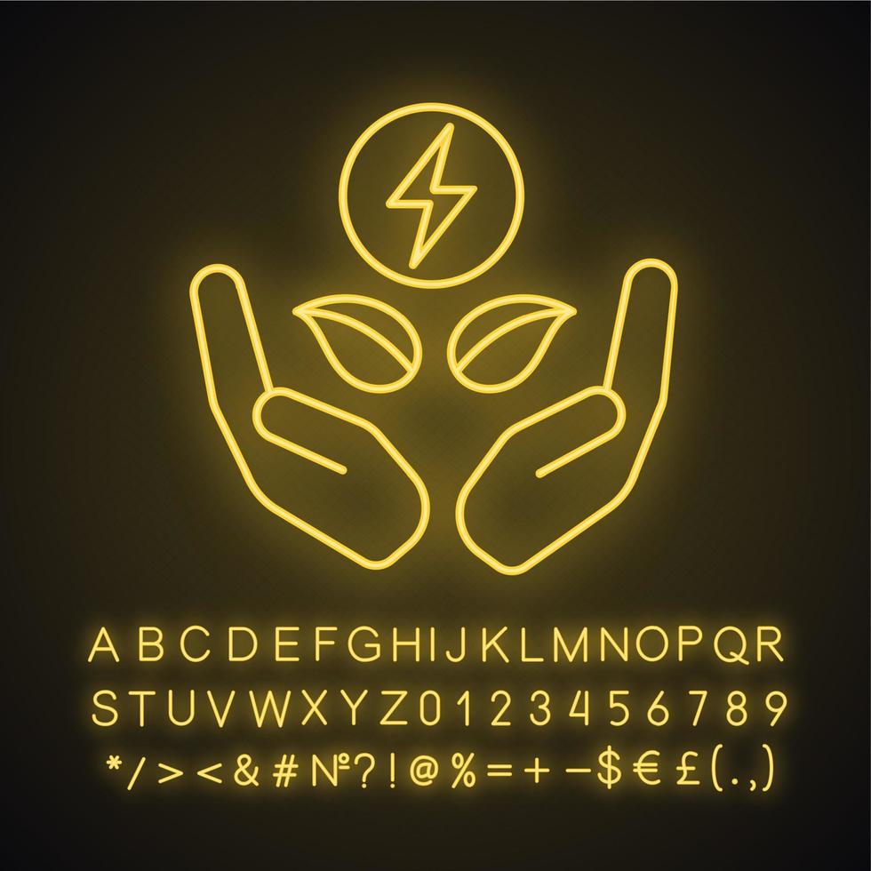 Clean energy neon light icon. Eco power. Renewable resources. Green energy. Lightning bolt and leaves in hands. Glowing sign with alphabet, numbers and symbols. Vector isolated illustration