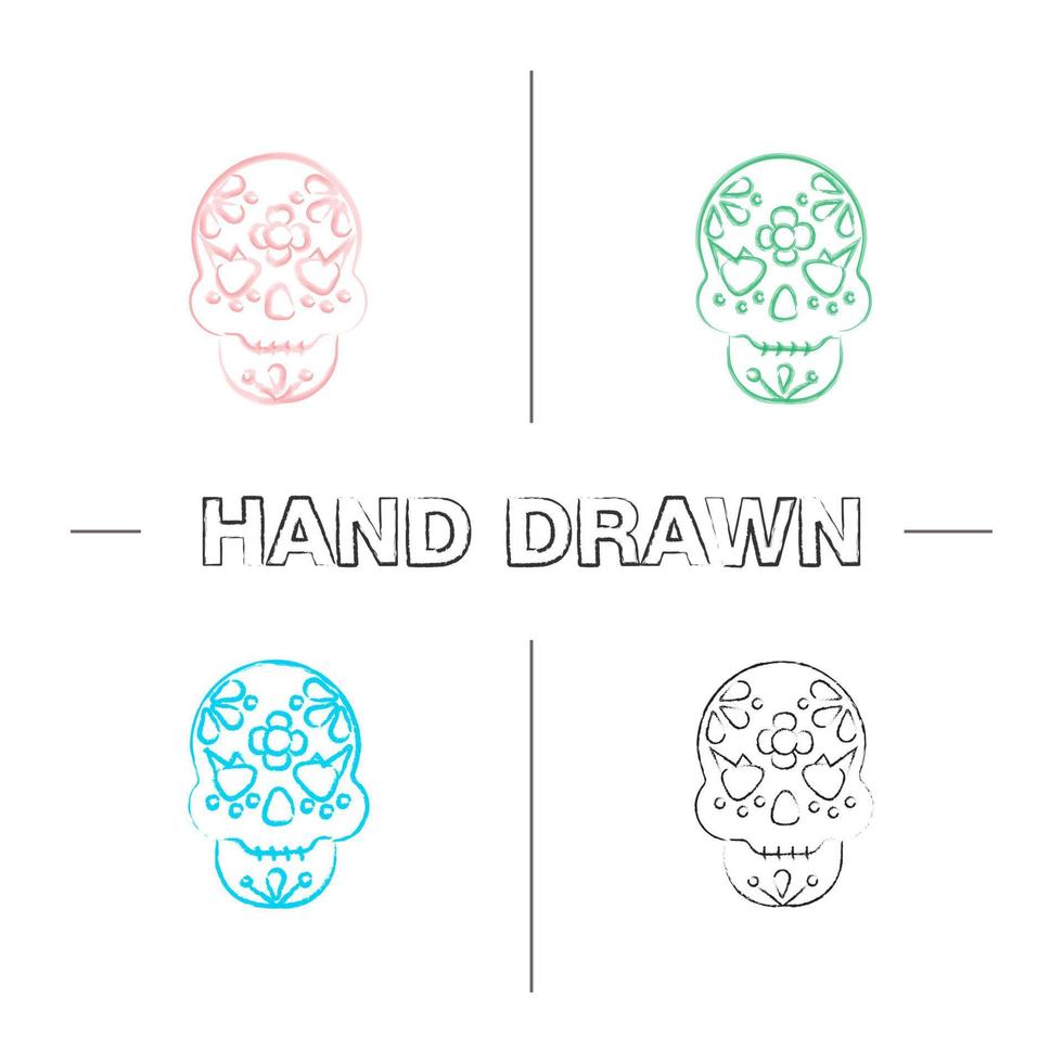 Day of the Dead hand drawn icons set. Skull with floral ornament. October 31st. Dia de Muertos. Color brush stroke. Isolated vector sketchy illustrations