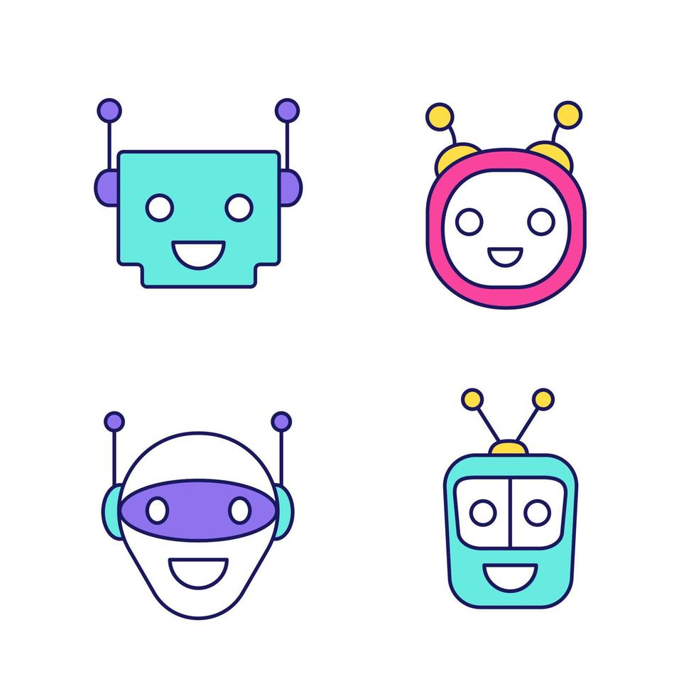 Chatbots color icons set. Talkbots. Laughing virtual assistants collection. Modern robots. Conversational agents. Isolated vector illustrations