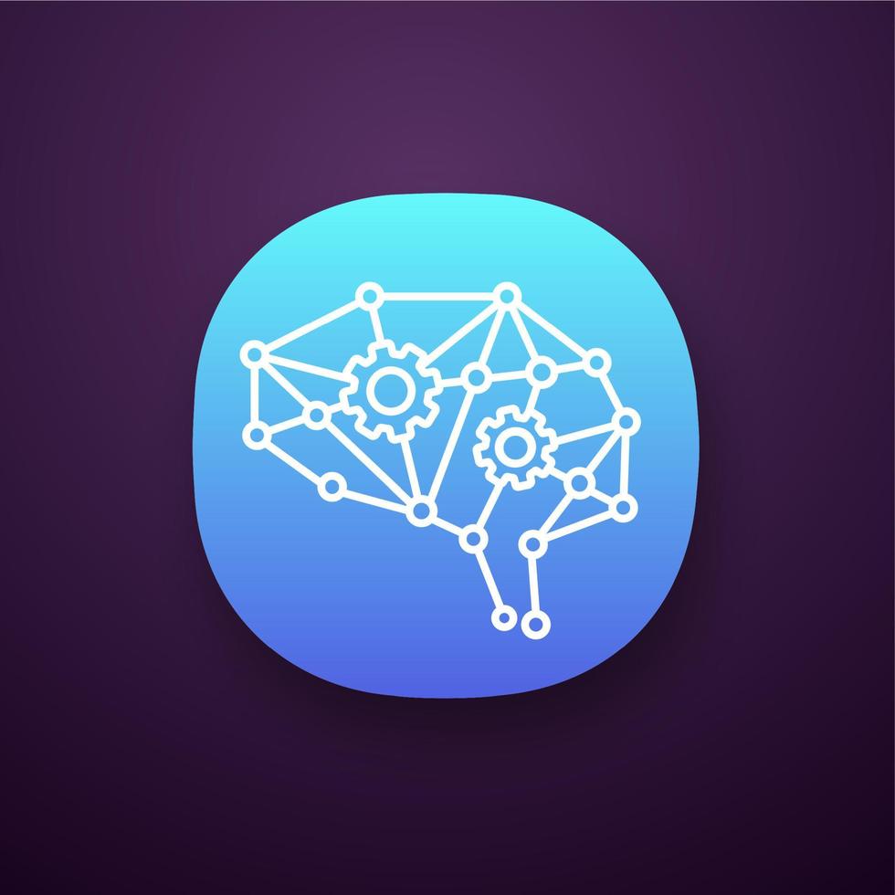 Deep learning AI app icon. UI UX user interface. Neurotechnology. Neural network with cogwheels. Digital brain. Artificial intelligence. Web or mobile application. Vector isolated illustration