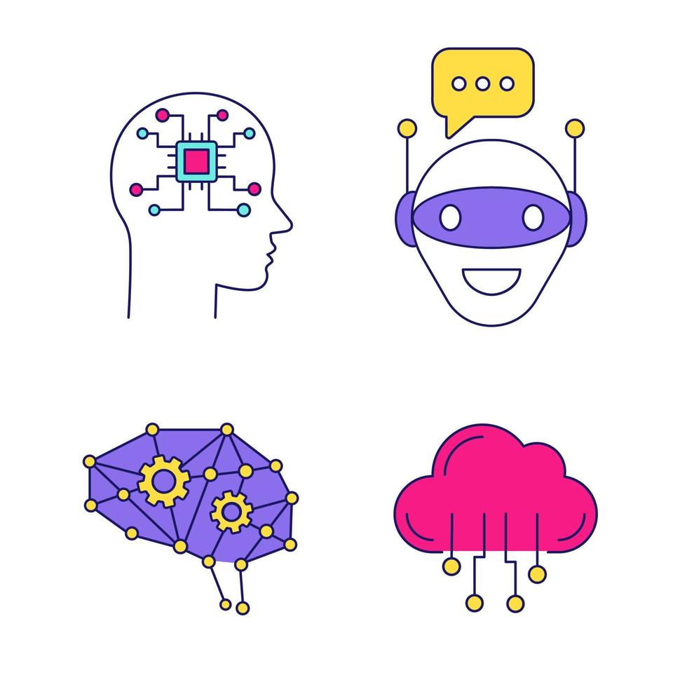 conjunto de iconos de colores de inteligencia artificial. Neurotecnología de redes neuronales. bot de chat, inteligencia artificial, cerebro digital, computación en la nube. ilustraciones de vectores aislados