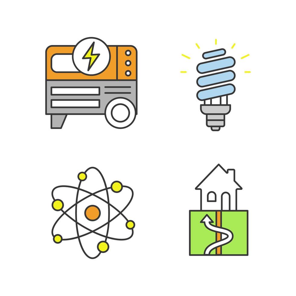 conjunto de iconos de colores de energía eléctrica. generador de energía portátil, lámpara fluorescente compacta, energía geotérmica y nuclear. ilustraciones de vectores aislados