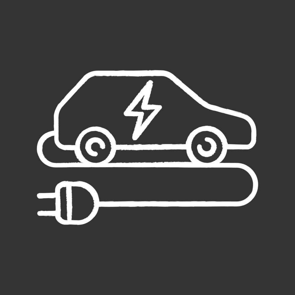 Electric car chalk icon. Eco friendly auto. Green vehicle. Automobile with electric plug. Isolated vector chalkboard illustrations