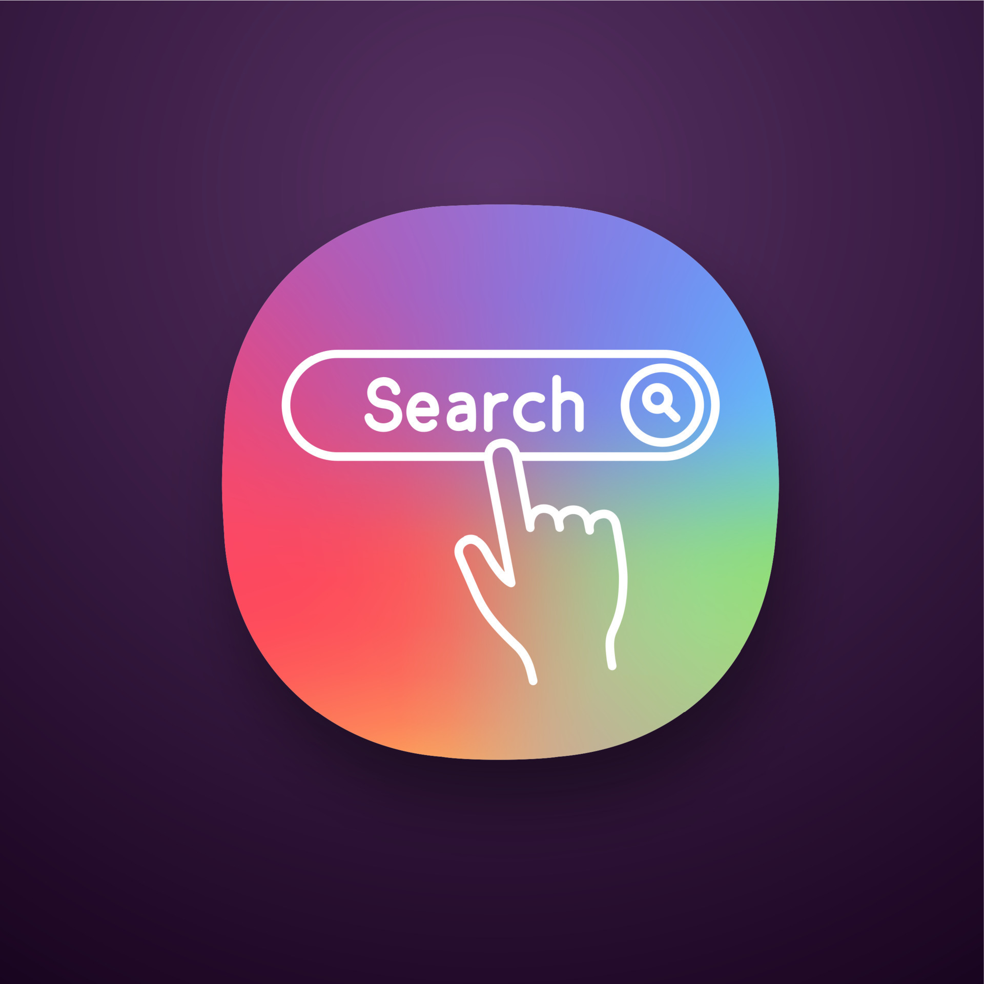 Search button click app icon. surfing. Hand pressing find