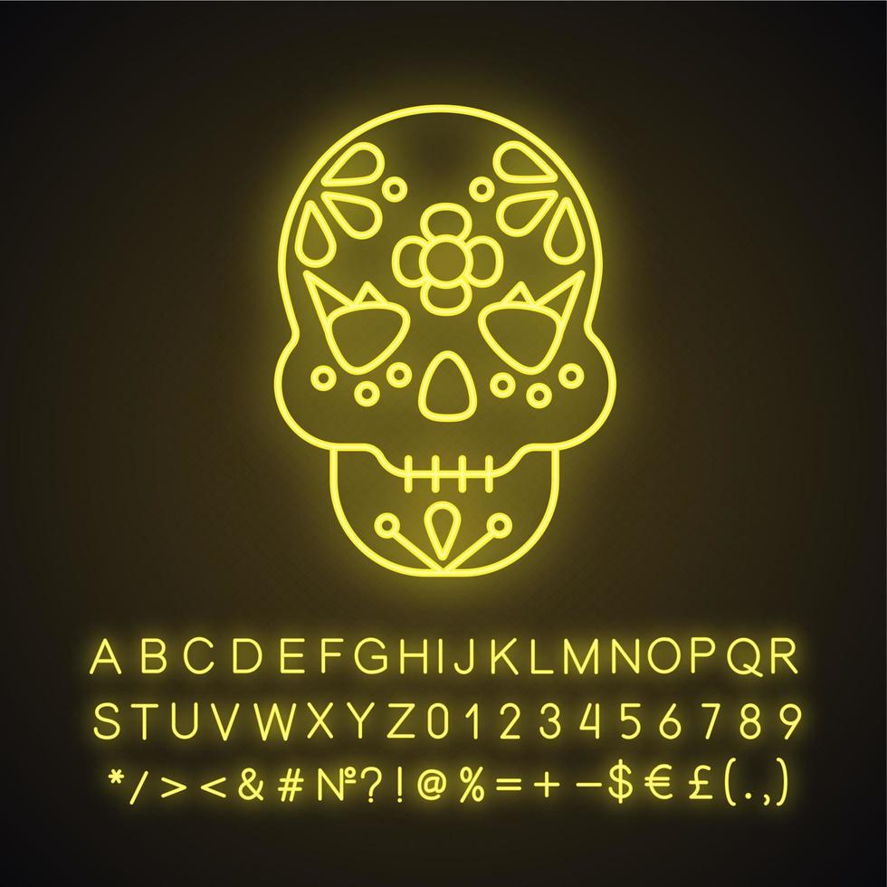 Day of the Dead neon light icon. Skull with floral ornament. October 31st. Dia de Muertos. Glowing sign with alphabet, numbers and symbols. Vector isolated illustration