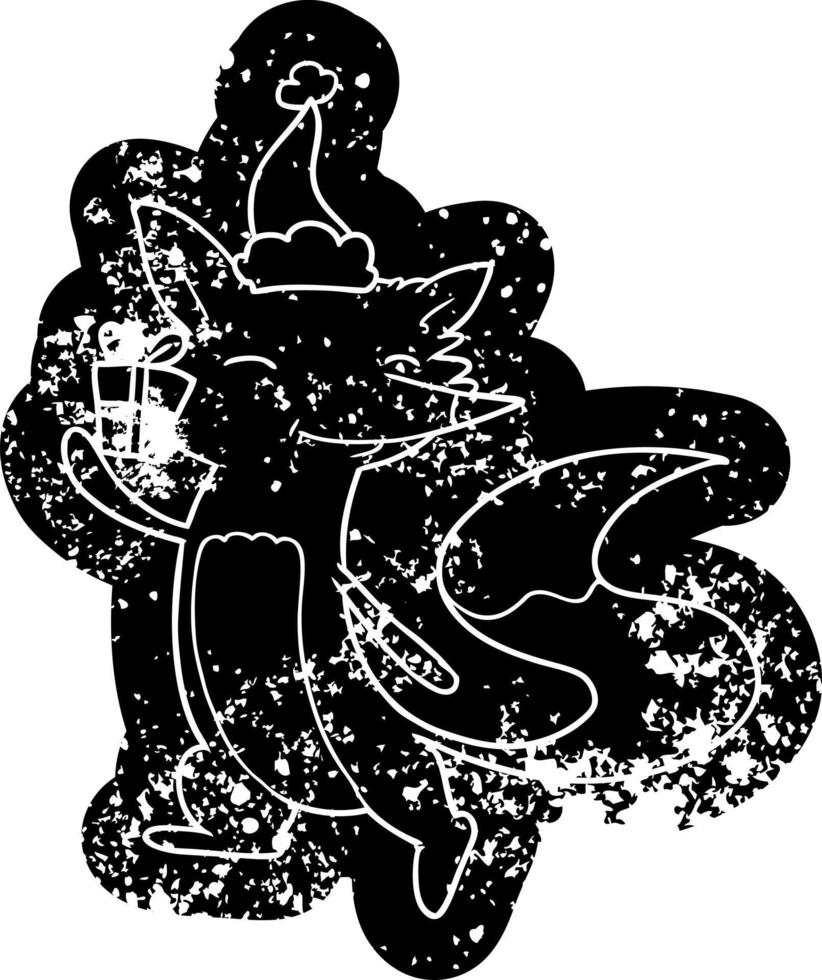 cartoon distressed icon of a happy fox wearing santa hat vector