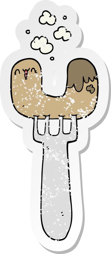 distressed sticker of a cartoon sausage on fork vector