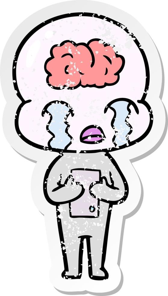 distressed sticker of a cartoon big brain alien crying vector