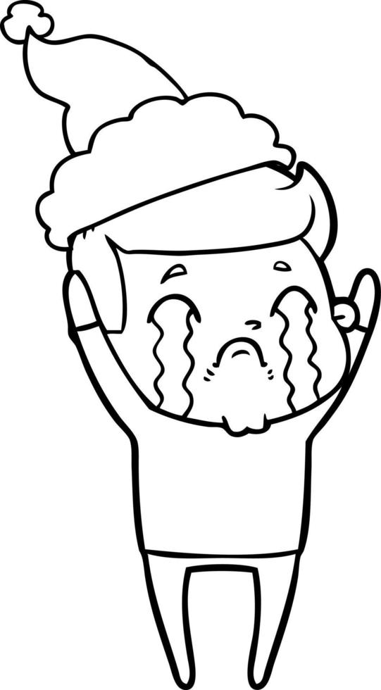 line drawing of a man crying wearing santa hat vector