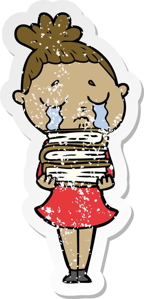 distressed sticker of a cartoon crying woman with stack of books vector