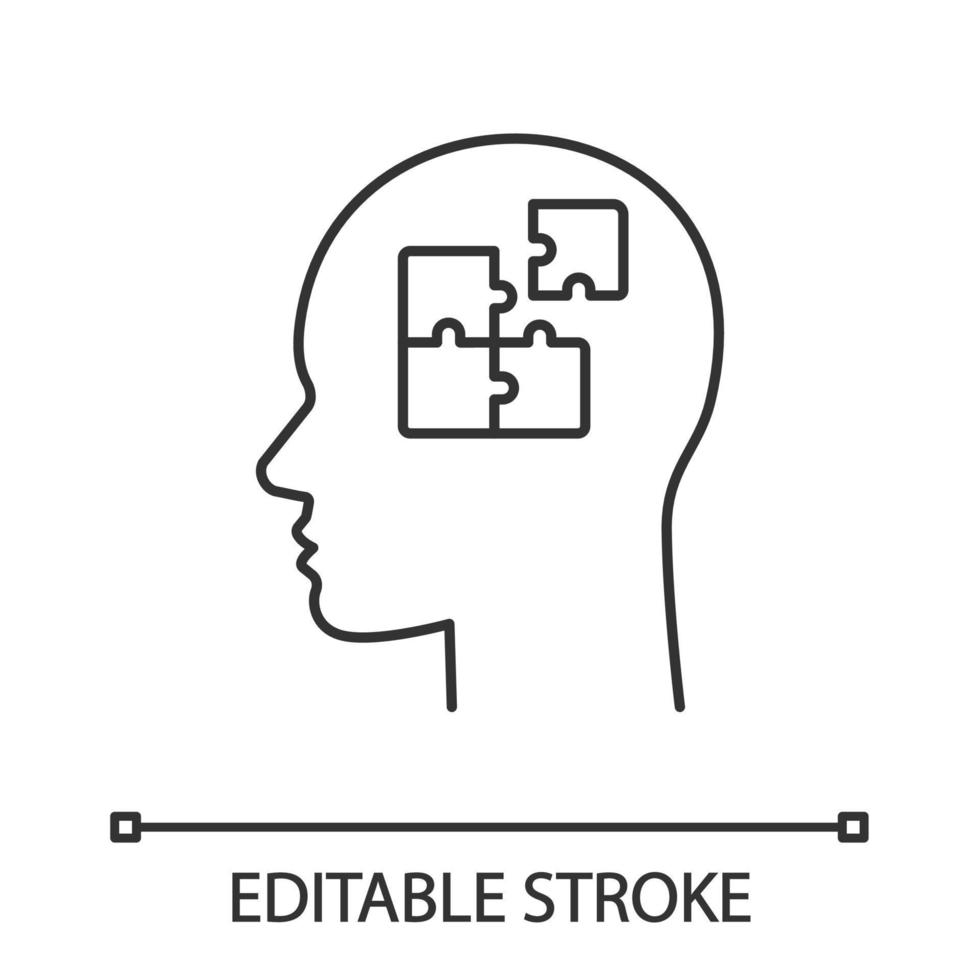 Solution linear icon. Solve problem. Thin line illustration. Thinking process. Find solution. Resolve issue. Insight. Head with puzzles. Contour vector isolated outline drawing. Editable stroke