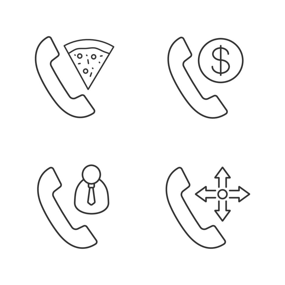 Phone services linear icons set. Pizza delivery, customer service, phone charges. Thin line contour symbols. Isolated vector outline illustrations. Editable stroke