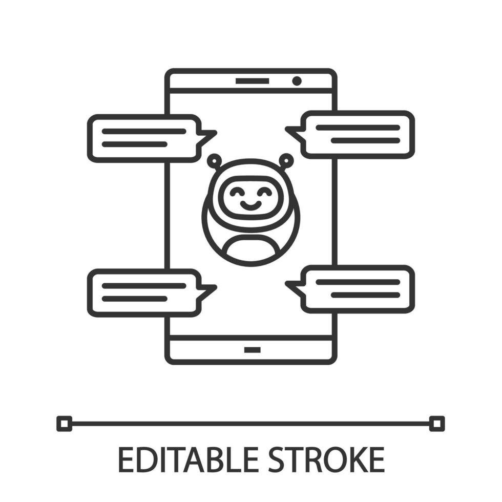 Chatbot with speech bubbles linear icon. Thin line illustration. Messenger bot chatting on smartphone. Modern robot. Virtual assistant. Contour symbol. Vector isolated outline drawing. Editable stroke