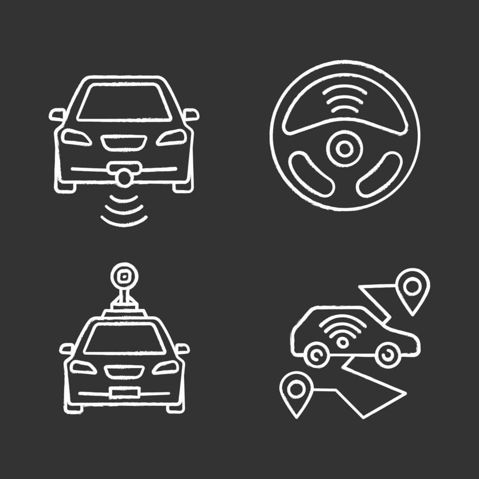 Smart cars chalk icons set. NFC autos. Intelligent vehicles. Self driving automobiles. Autonomous cars. Driverless vehicles. Isolated vector chalkboard illustrations