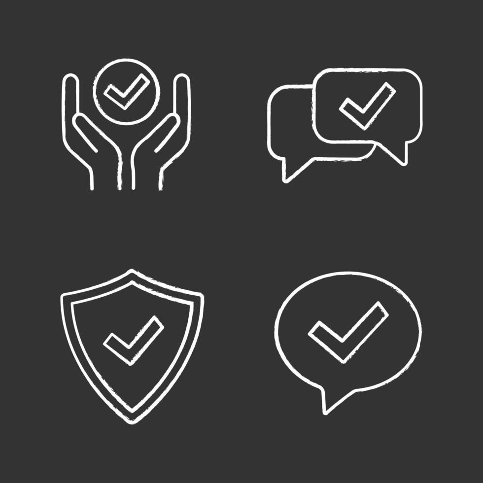 Approve chalk icons set. Verification and validation. Quality service, approved chat, confirmation dialog, shield with check mark. Isolated vector chalkboard illustrations