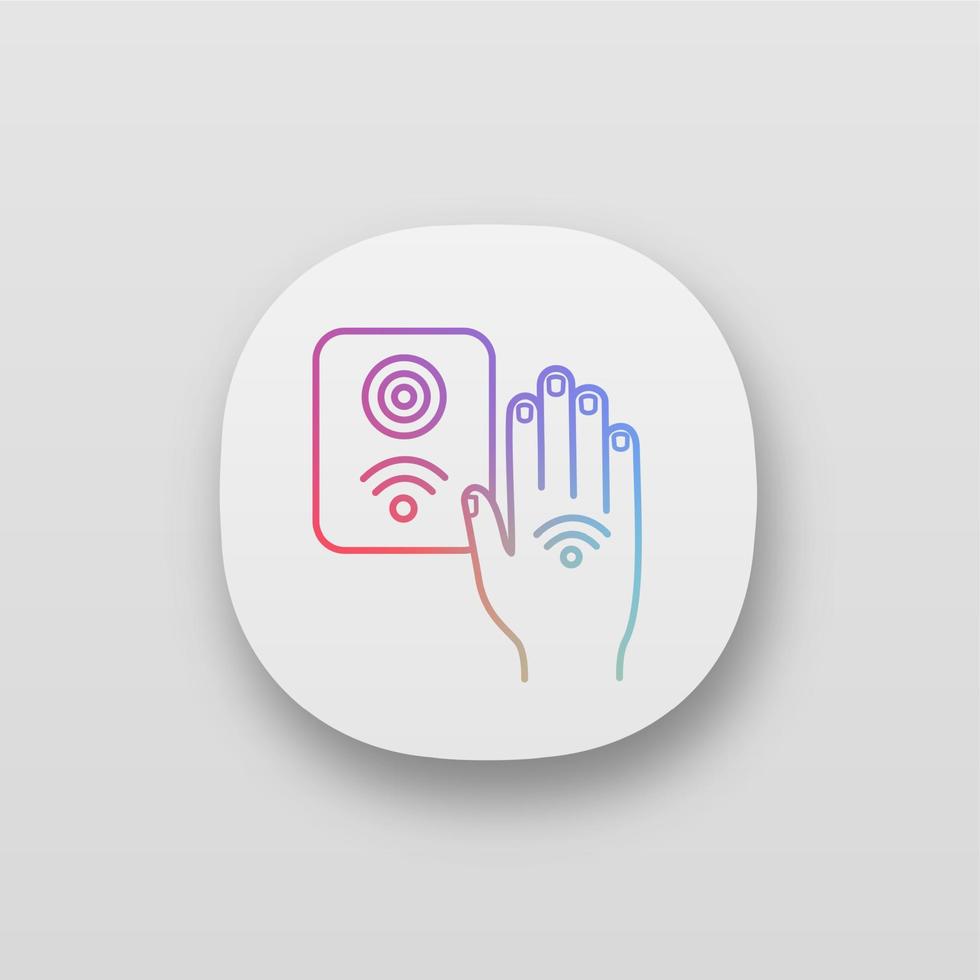 NFC reader app icon. RFID access control. UI UX user interface. NFC button and hand sticker. Near field communication. RFID elevator controller. Web or mobile application. Vector isolated illustration