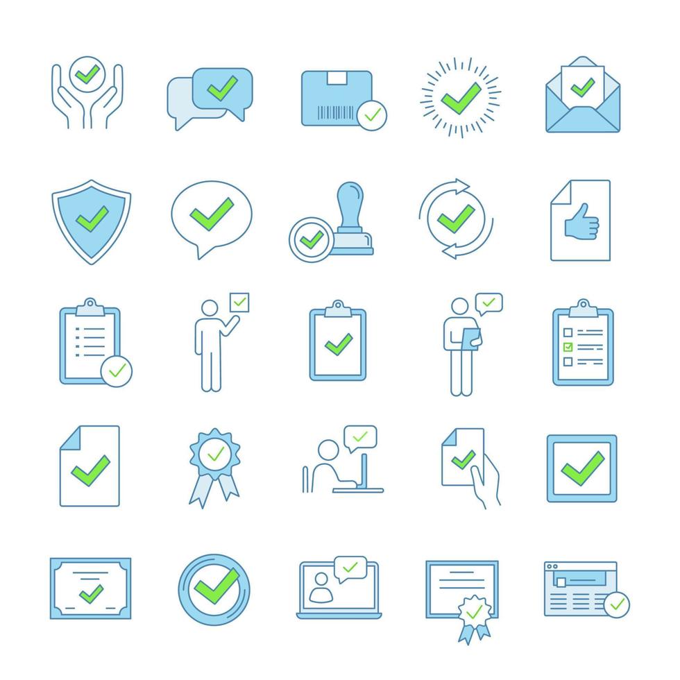 Approve color icons set. Quality assurance. Verification and validation. Confirmation. Certificates, awards, quality badges with checkmarks. Isolated vector illustrations