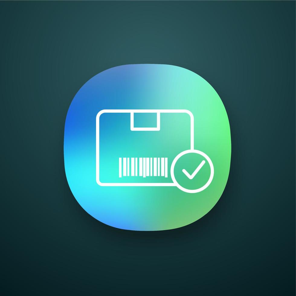 Approved delivery app icon. Successful package receipt. Verification parcel barcode. UI UX user interface. Quality delivery service. Box with barcode and check mark. Vector isolated illustration