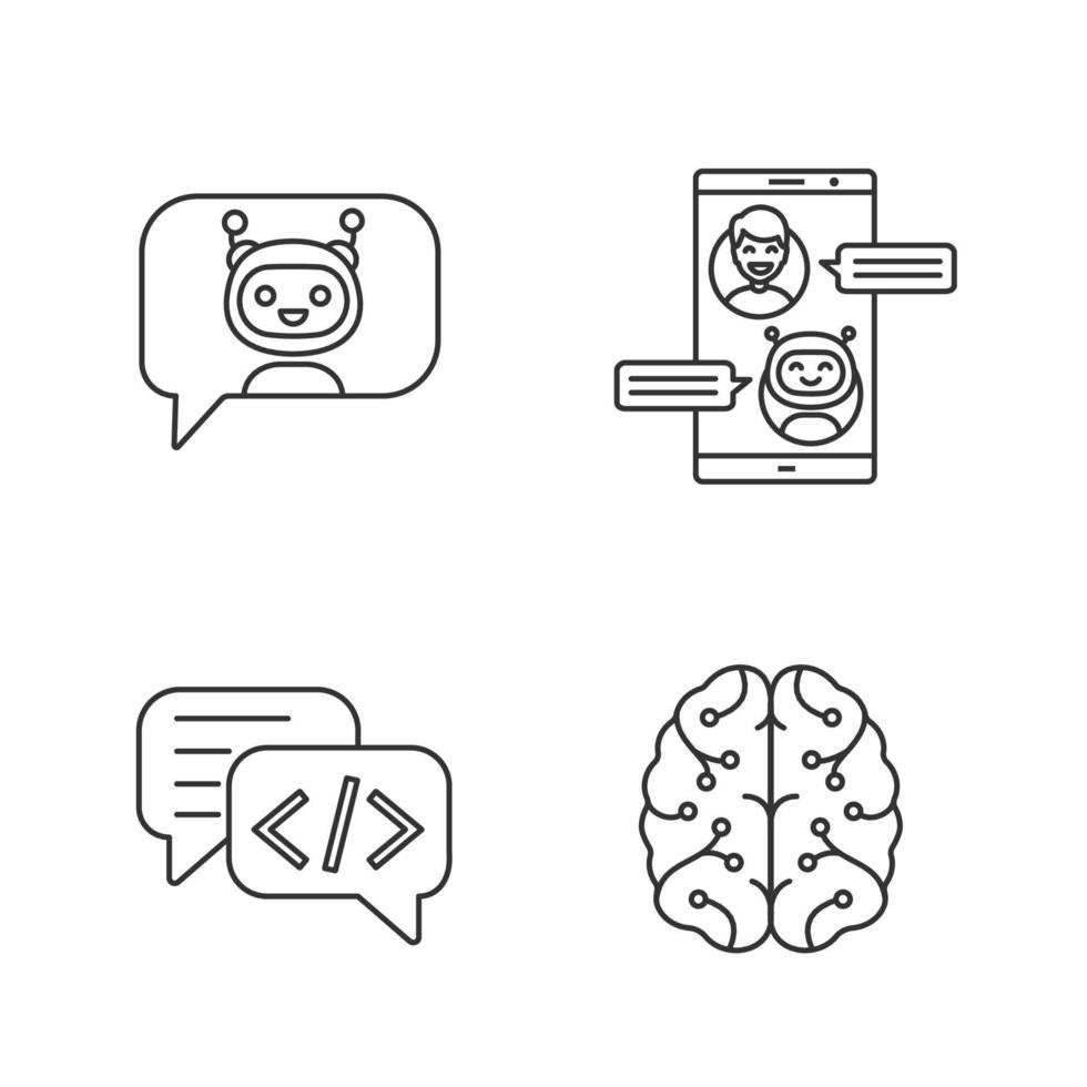 Chatbots linear icons set. Thin line contour symbols. Messenger, code and chat bots. Neural network. Modern robots. Smartphone chatterbots. Isolated vector outline illustrations. Editable stroke