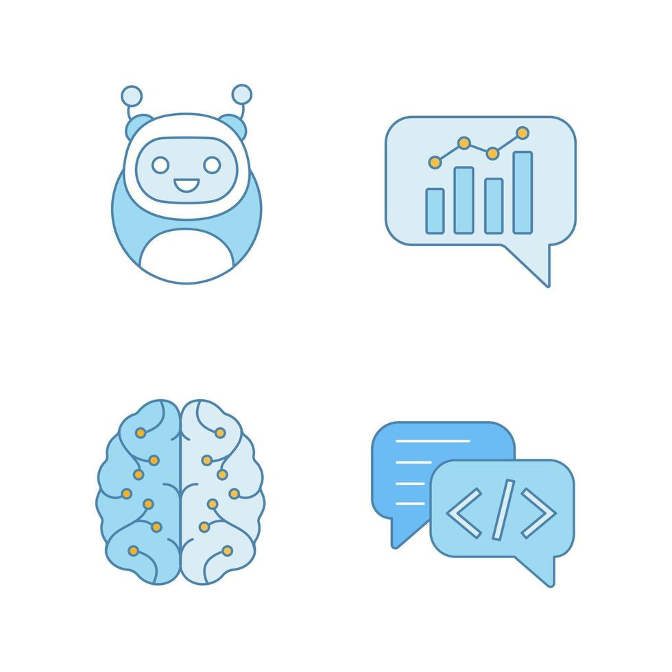 Chatbots color icons set. Virtual assistants. Code, statistics, support chat bots. Modern robots. Digital brain. Chatterbots. AI. Isolated vector illustrations