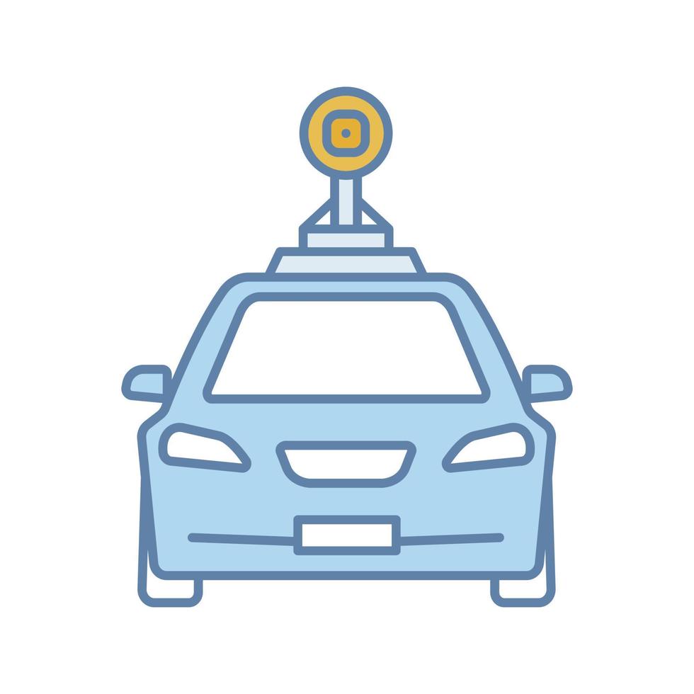 Smart car in front view color icon. NFC auto with roof camera and radar sensor. Intelligent vehicle. Self driving automobile. Autonomous car. Driverless vehicle. Isolated vector illustration