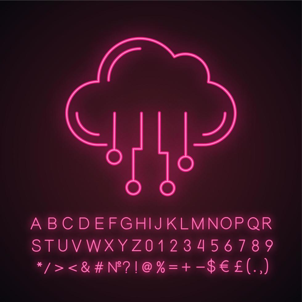 Cloud computing neon light icon. Data cloud. Artificial intelligence. Database. Big data. Glowing sign with alphabet, numbers and symbols. Vector isolated illustration