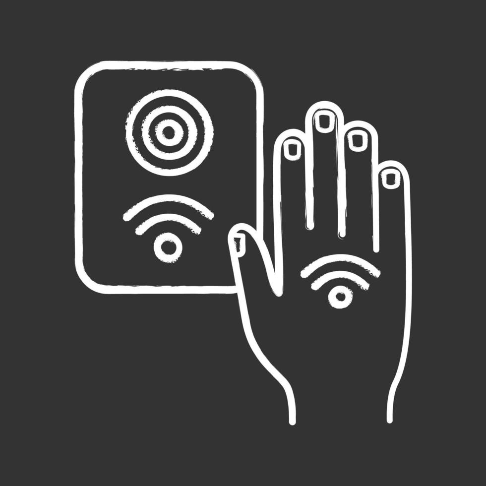 NFC reader chalk icon. RFID access control. NFC button and hand sticker. Near field communication. RFID elevator controller. Isolated vector chalkboard illustration