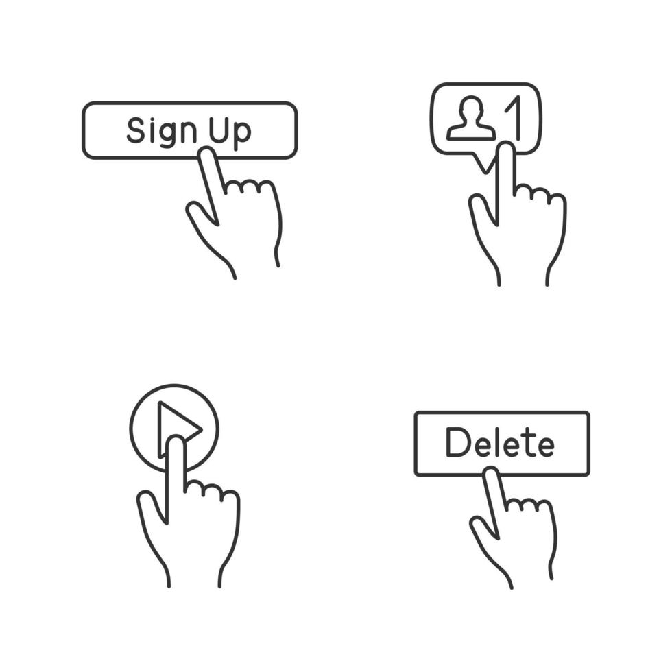 App buttons linear icons set. Click. Sign up, new follower, play, delete. Thin line contour symbols. Isolated vector outline illustrations. Editable stroke