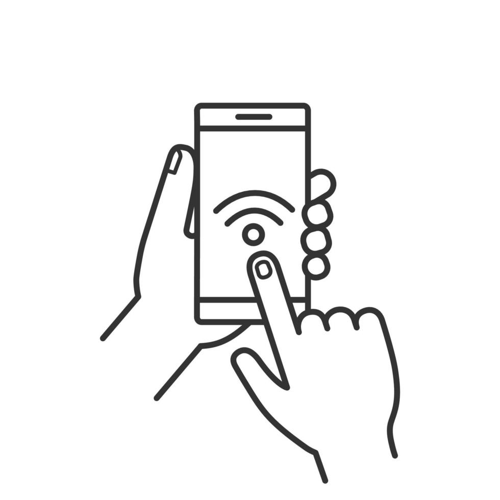 Hands holding NFC smartphone linear icon. Thin line illustration. NFC phone. Near field communication. Mobile phone contactless payment. Wifi connection. Vector isolated outline drawing