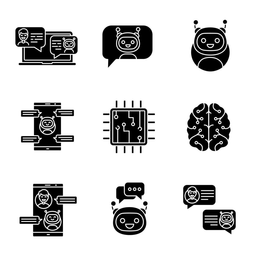 Chatbots glyph icons set. Silhouette symbols. Talkbots. Support service, chat, messenger bots. Modern robots. Digital brain and processor. Chatterbots. Vector isolated illustration
