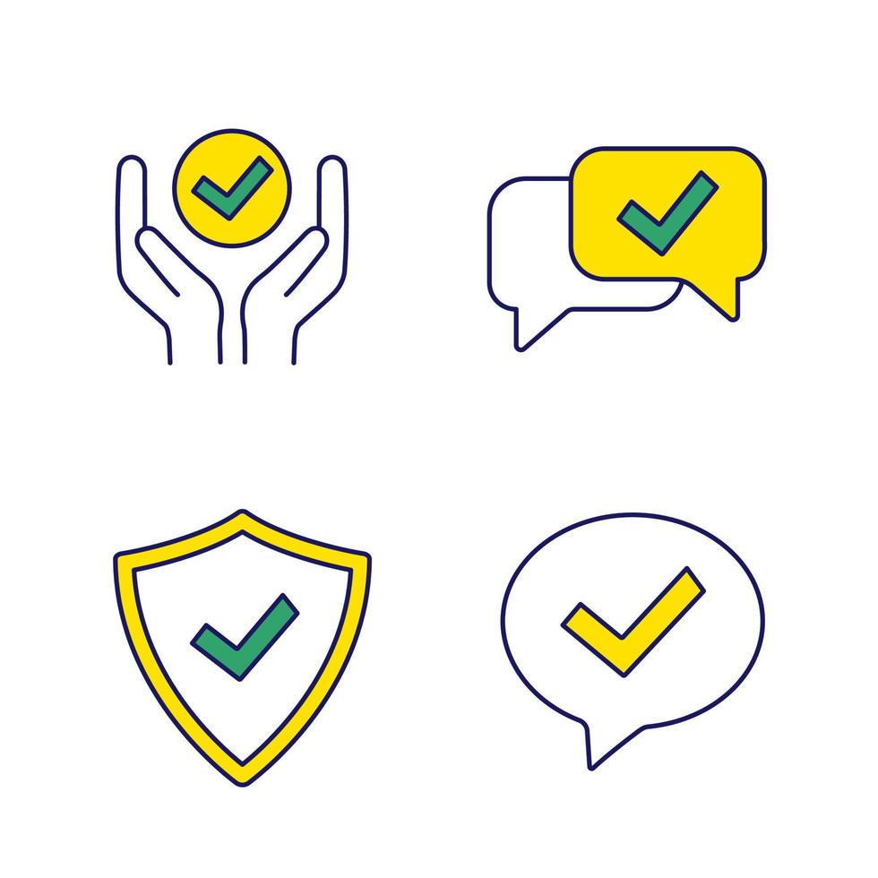 Approve color icons set. Verification and validation. Quality service, approved chat, confirmation dialog, shield with check mark. Isolated vector illustrations