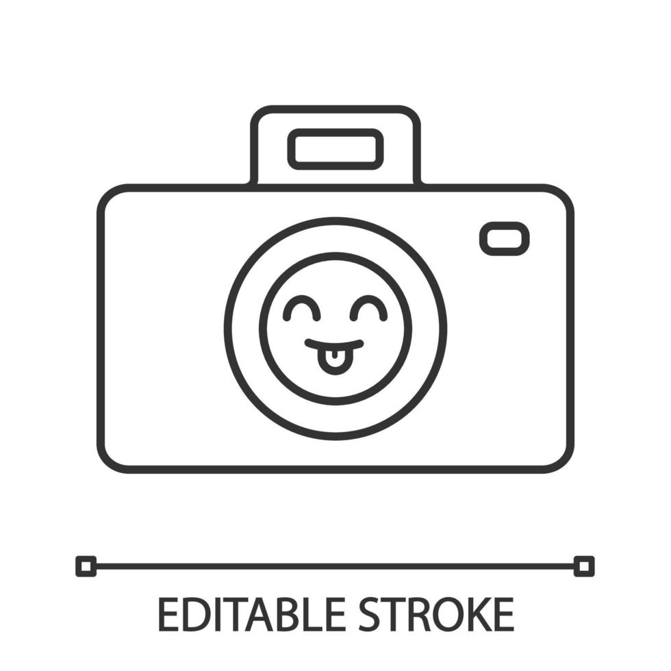 Smiling photo camera linear icon. Easy photographing. Thin line illustration. Happy photo camera. Emoji, emoticon. Contour symbol. Vector isolated outline drawing. Editable stroke