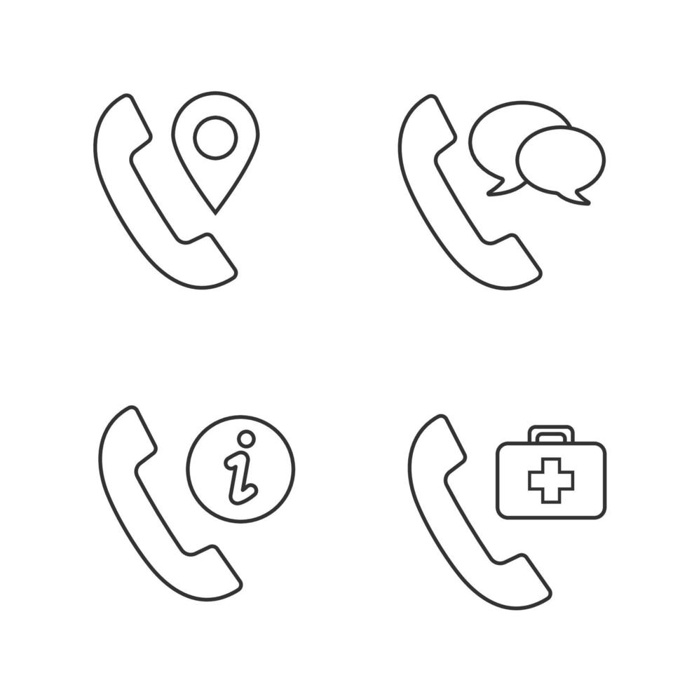 Phone services linear icons set. Call tracking, conversation, infocenter, doctor appointment. Thin line contour symbols. Isolated vector outline illustrations. Editable stroke