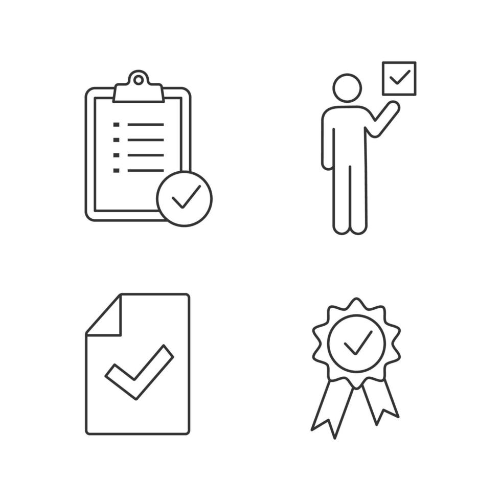 Approve linear icons set. Verification and validation. Task planning, voter, document verification, award medal. Thin line contour symbols. Isolated vector outline illustrations. Editable stroke
