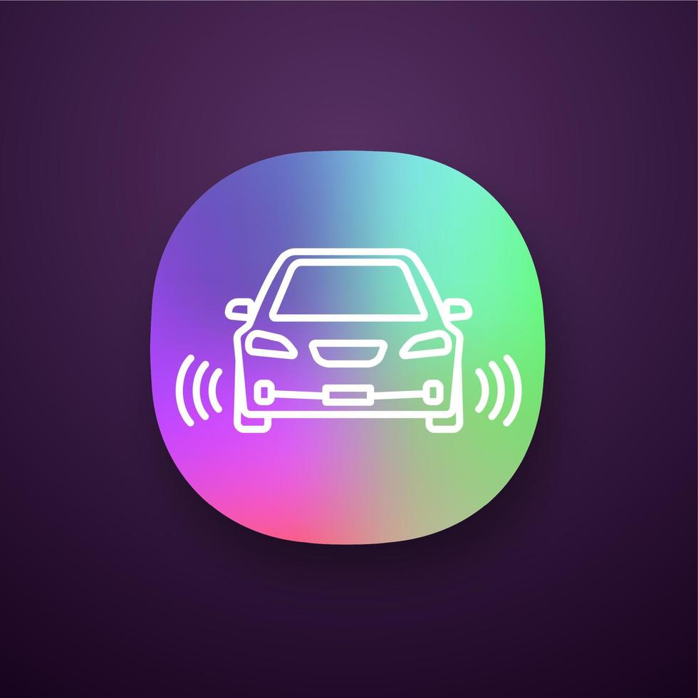 Smart car app icon. NFC auto with radar sensors. Intelligent vehicle. UI UX user interface. Web application. Self driving automobile. Autonomous car. Driverless vehicle. Vector isolated illustration
