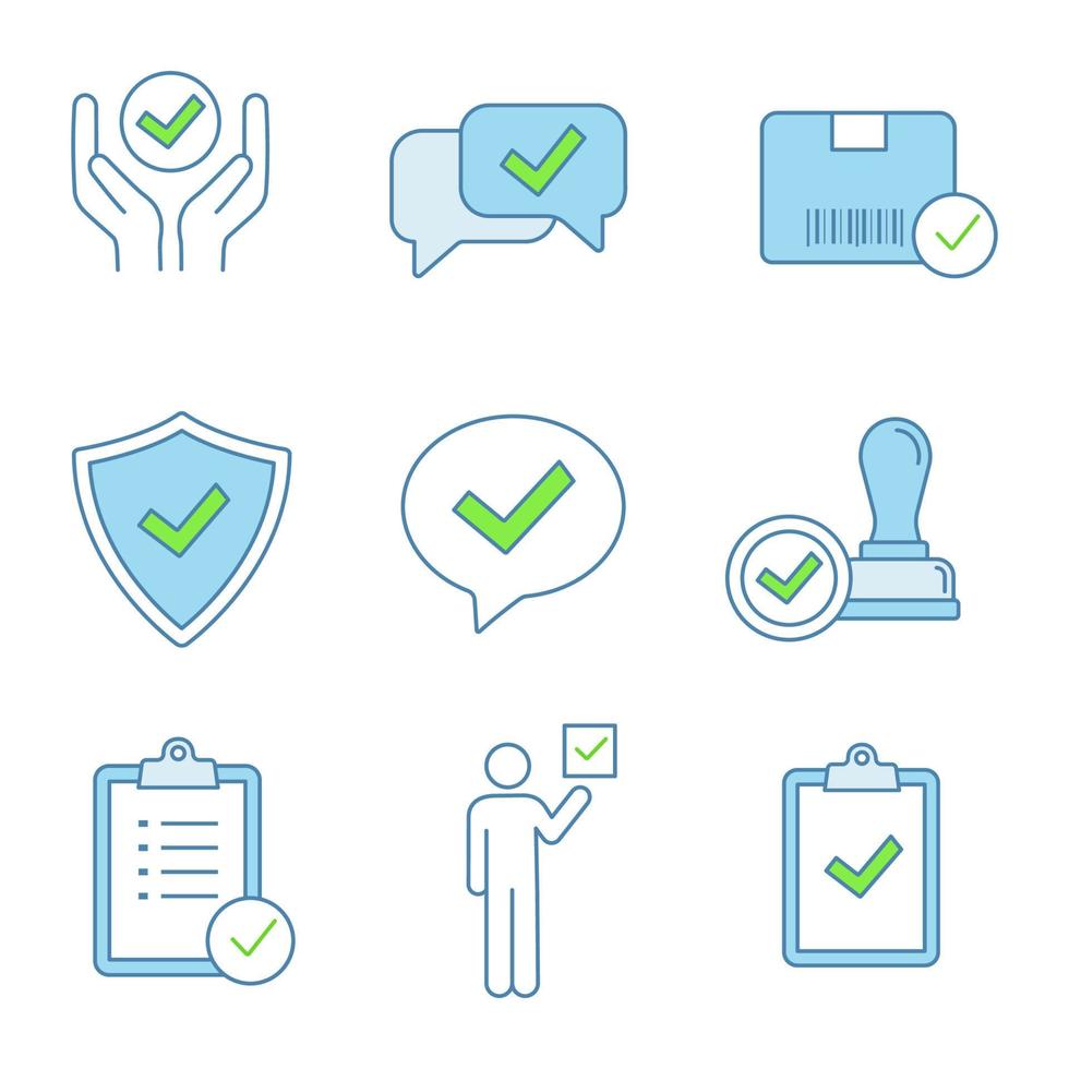 Approve color icons set. Quality service, approved chat, delivery, security, dialog, stamp, task planning, voter, clipboard with checkmark. Isolated vector illustrations