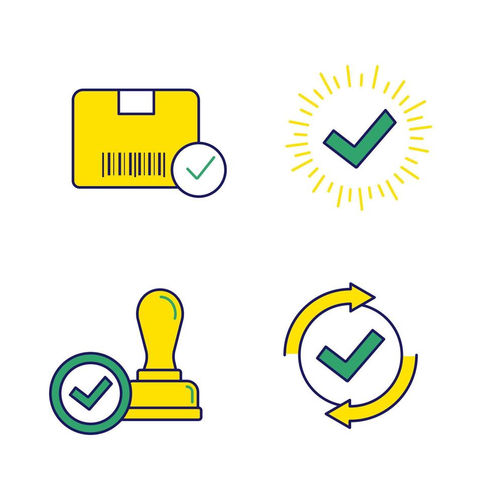 Approve color icons set. Verification and validation. Approved delivery, check mark, stamp of approval, checking process. Isolated vector illustrations