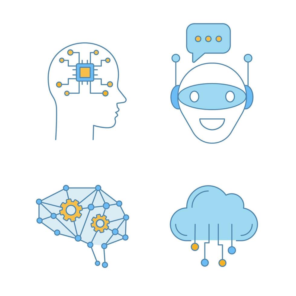 Artificial intelligence color icons set. Neural network Neurotechnology. Chat bot, ai, digital brain, cloud computing. Isolated vector illustrations