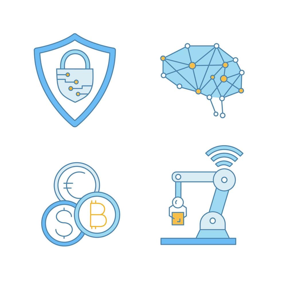 Artificial intelligence color icons set. Cyberspace. Neurotechnology. Cybersecurity, digital brain, currency exchange, iot robot. Isolated vector illustrations
