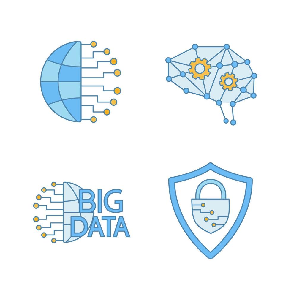 Artificial intelligence color icons set. Information technologies. Deep learning AI, big data, cybersecurity. Isolated vector illustrations