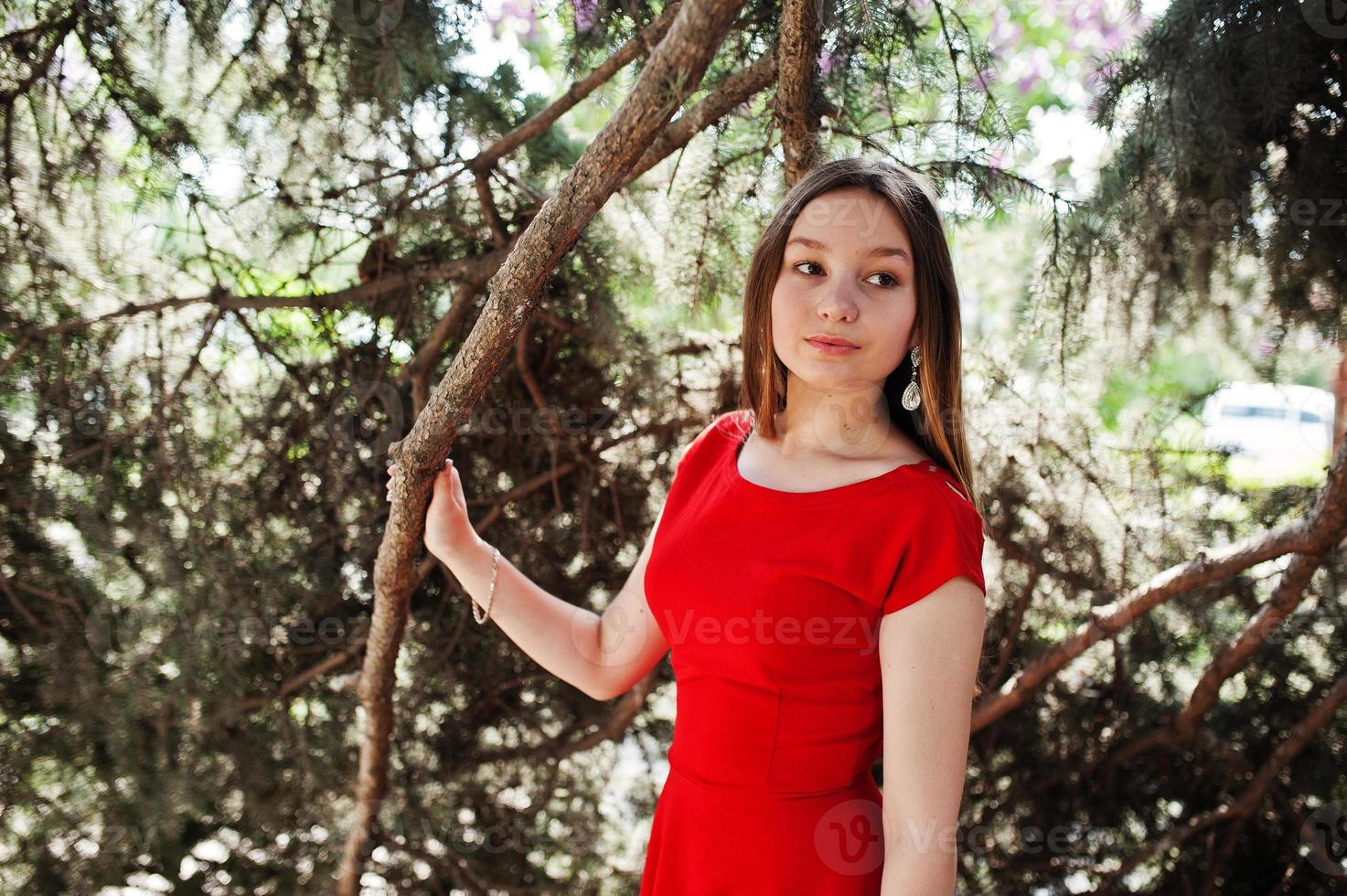 Teenage girl in red dress posed outdoor at sunny day. photo